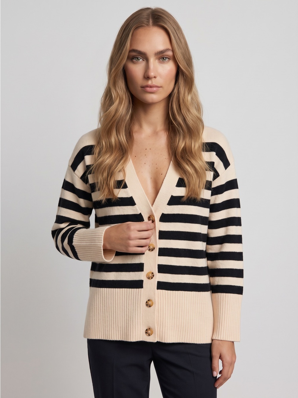 Magaschoni Cream and Black Striped V-Neck Button Cardigan